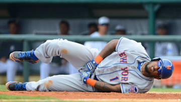 LAKELAND, FL - MARCH 11: Jordany Valdespin #1 of the New York Mets reacts to being hit in the groin by a pitch from Justin Verlander #35 of the Detroit Tigers during the spring training game at Joker Marchant Stadium on March 11, 2013 in Lakeland, Florida. The Mets defeated the Tigers 11-0. (Photo by Mark Cunningham/MLB Photos via Getty Images)