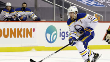 Mar 24, 2021; Pittsburgh, Pennsylvania, USA; Buffalo Sabres defenseman Rasmus Ristolainen (55) skates with the puck against the Pittsburgh Penguins during the first period at PPG Paints Arena. The Penguins won 5-2. Mandatory Credit: Charles LeClaire-USA TODAY Sports