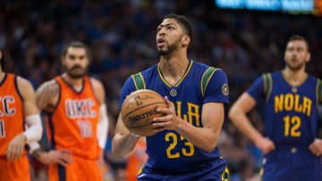 OKLAHOMA CITY, OK - FEBRUARY26: New Orleans Pelicans Forward Anthony Davis (23) shooting a technical foul versus Oklahoma City Thunder on February 26, 2017, at the Chesapeake Energy Arena Oklahoma City, OK. (Photo by Torrey Purvey/Icon Sportswire via Getty Images)