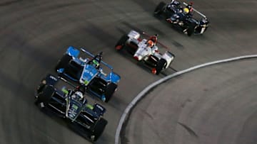 FORT WORTH, TEXAS - JUNE 08: Josef Newgarden of the United States, driver of the #2 Fitzgerald USA Team Penske Chevrolet, leads a pack of cars during the NTT IndyCar Series DXC Technology 600 at Texas Motor Speedway on June 08, 2019 in Fort Worth, Texas. (Photo by Sean Gardner/Getty Images)