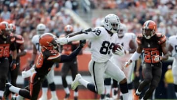 Sep 27, 2015; Cleveland, OH, USA; Oakland Raiders receiver Amari Cooper (89) is pursued by Cleveland Browns safety Tashaun Gipson (39) and cornerback Tramon Williams (22) on a 40-yard reception in the second quarter in a NFL game at FirstEnergy Stadium. Mandatory Credit: Kirby Lee-USA TODAY Sports