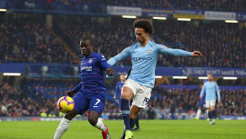 LONDON, ENGLAND - DECEMBER 08: N'golo Kante of Chelsea is challenged by Leroy Sane of Manchester City during the Premier League match between Chelsea FC and Manchester City at Stamford Bridge on December 8, 2018 in London, United Kingdom. (Photo by Clive Rose/Getty Images)