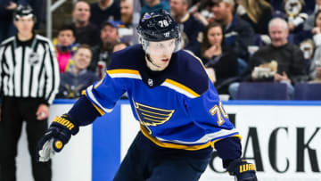 ST. LOUIS, MO - DECEMBER 05: St. Louis Blues center Oskar Sundqvist (70) on the ice during the second period of an NHL hockey game between the Edmonton Oilers and the St. Louis Blues on December 5, 2018, at the Enterprise Center in St. Louis, MO. (Photo by Tim Spyers/Icon Sportswire via Getty Images)