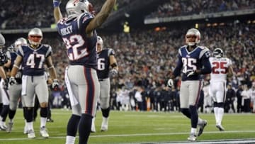 Jan 13, 2013; Foxboro, MA, USA; New England Patriots running back Stevan Ridley (22) reacts after scoring a touchdown against the Houston Texans during the second half of the AFC divisional round playoff game at Gillette Stadium. Mandatory Credit: Robert Deutsch-USA TODAY Sports