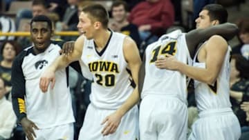 Feb 3, 2016; Iowa City, IA, USA; The Iowa Hawkeyes bench celebrates during the second half against the Penn State Nittany Lions at Carver-Hawkeye Arena. Iowa won 73-49. Mandatory Credit: Jeffrey Becker-USA TODAY Sports