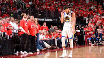 HOUSTON, TX - MAY 28: Stephen Curry #30 of the Golden State Warriors reacts to a play in Game Seven of the Western Conference Finals against the Houston Rockets during the 2018 NBA Playoffs on May 28, 2018 at the Toyota Center in Houston, Texas. NOTE TO USER: User expressly acknowledges and agrees that, by downloading and or using this photograph, User is consenting to the terms and conditions of the Getty Images License Agreement. Mandatory Copyright Notice: Copyright 2018 NBAE (Photo by Andrew D. Bernstein/NBAE via Getty Images)