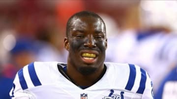 Nov 24, 2013; Phoenix, AZ, USA; Indianapolis Colts cornerback Vontae Davis (23) against the Arizona Cardinals at University of Phoenix Stadium. The Cardinals defeated the Colts 40-11. Mandatory Credit: Mark J. Rebilas-USA TODAY Sports