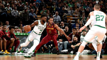 BOSTON, MA - JANUARY 23: Jaylen Brown #7 of the Boston Celtics handles the ball against the Cleveland Cavaliers on January 23 2019 at the TD Garden in Boston, Massachusetts. NOTE TO USER: User expressly acknowledges and agrees that, by downloading and or using this photograph, User is consenting to the terms and conditions of the Getty Images License Agreement. Mandatory Copyright Notice: Copyright 2019 NBAE (Photo by Steve Babineau/NBAE via Getty Images)