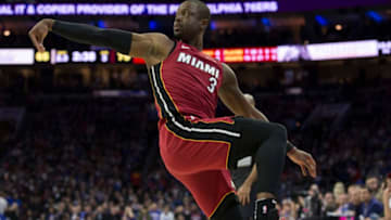 PHILADELPHIA, PA - APRIL 16: Dwyane Wade #3 of the Miami Heat watches his shot in the third quarter against the Philadelphia 76ers during Game Two of the first round of the 2018 NBA Playoff at Wells Fargo Center on April 16, 2018 in Philadelphia, Pennsylvania. The Heat defeated the 76ers 113-103. NOTE TO USER: User expressly acknowledges and agrees that, by downloading and or using this photograph, User is consenting to the terms and conditions of the Getty Images License Agreement. (Photo by Mitchell Leff/Getty Images)
