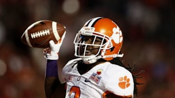 Jan 3, 2014; Miami Gardens, FL, USA; Clemson Tigers wide receiver Sammy Watkins (2) reacts after scoring a touchdown against the Ohio State Buckeyes in the first half of the 2014 Orange Bowl college football game at Sun Life Stadium. Mandatory Credit: Robert Mayer-USA TODAY Sports