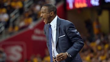 May 17, 2016; Cleveland, OH, USA; Toronto Raptors head coach Dwane Casey during the second quarter in game one of the Eastern conference finals of the NBA Playoffs at Quicken Loans Arena. Mandatory Credit: Ken Blaze-USA TODAY Sports