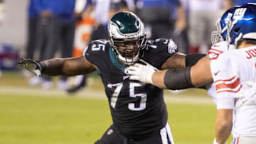 Oct 22, 2020; Philadelphia, Pennsylvania, USA; Philadelphia Eagles defensive end Vinny Curry (75) against the New York Giants during the fourth quarter at Lincoln Financial Field. Mandatory Credit: Bill Streicher-USA TODAY Sports