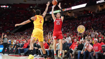 COLLEGE PARK, MD - FEBRUARY 11: Matej Kavas #25 of the Nebraska Cornhuskers takes a shot over Aaron Wiggins #2 of the Maryland Terrapins in the first half during a college basketball game at the Xfinity Center on February 11, 2020 in College Park, Maryland. (Photo by Mitchell Layton/Getty Images)
