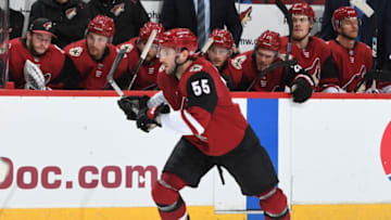 GLENDALE, AZ - NOVEMBER 15: Jason Demers #55 of the Arizona Coyotes skates up ice against the Nashville Predators at Gila River Arena on November 15, 2018 in Glendale, Arizona. (Photo by Norm Hall/NHLI via Getty Images)