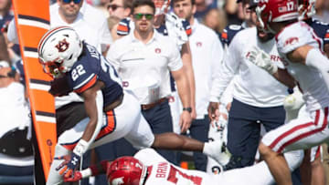 Auburn football running back Damari Alston (22) runs the ball as the Auburn Tigers take on Arkansas Razorbacks at Jordan-Hare Stadium in Auburn, Ala., on Saturday, Oct. 29, 2022. Arkansas Razorbacks defeated Auburn Tigers 41-27.