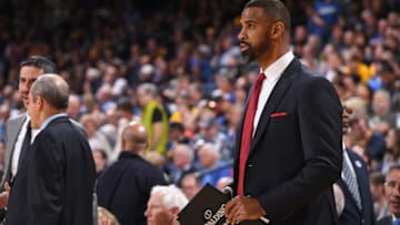 OAKLAND, CA - FEBRUARY 10: Ime Udoka looks on during the game against the Golden State Warriors on February 10, 2018 at Oracle Arena in Oakland, California. NOTE TO USER: User expressly acknowledges and agrees that, by downloading and or using this photograph, user is consenting to the terms and conditions of Getty Images License Agreement. Mandatory Copyright Notice: Copyright 2018 NBAE (Photo by Garrett Ellwood/NBAE via Getty Images)