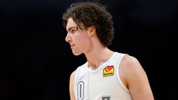 Josh Giddey #3 of the Oklahoma City Thunder looks on in the fourth quarter during their game against the Charlotte Hornets at Spectrum Center on January 21, 2022 in Charlotte, North Carolina. (Photo by Jacob Kupferman/Getty Images)