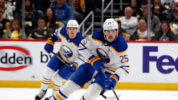 Nov 11, 2023; Pittsburgh, Pennsylvania, USA; Buffalo Sabres defenseman Owen Power (25) moves the puck up ice against the Pittsburgh Penguins during the second period at PPG Paints Arena. Mandatory Credit: Charles LeClaire-USA TODAY Sports