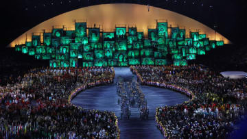 RIO DE JANEIRO, BRAZIL - AUGUST 05: Athletes and artists are seen during The 2016 Summer Olympics Opening Ceremony at Maracana Stadium on August 5, 2016 in Rio de Janeiro, Brazil. (Photo by Ian MacNicol/Getty Images)