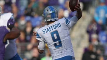 BALTIMORE, MD - DECEMBER 3: Quarterback Matthew Stafford #9 of the Detroit Lions throws the ball in the first quarter against the Baltimore Ravens at M&T Bank Stadium on December 3, 2017 in Baltimore, Maryland. (Photo by Patrick Smith/Getty Images)