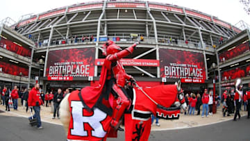 Nov 28, 2015; Piscataway, NJ, USA; The SRutgers Scarlet Knight rides past the stadium before the start of the NCAA football game between the Rutgers Scarlet Knights and the Maryland Terrapins at High Points Solutions Stadium. Mandatory Credit: Ed Mulholland-USA TODAY Sports
