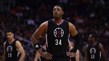 Apr 13, 2016; Phoenix, AZ, USA; Los Angeles Clippers forward Paul Pierce (34) looks on against the Phoenix Suns at Talking Stick Resort Arena. The Suns won 114-105. Mandatory Credit: Joe Camporeale-USA TODAY Sports