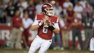 Oct 8, 2016; Fayetteville, AR, USA; Arkansas Razorbacks quarterback Austin Allen (8) gets ready to throw during the second quarter of the game against the Alabama Crimson Tide at Donald W. Reynolds Razorback Stadium. Mandatory Credit: Brett Rojo-USA TODAY Sports