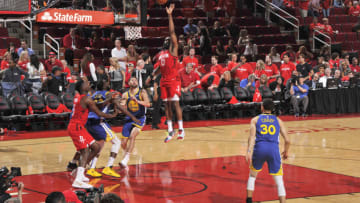 HOUSTON, TX - MAY 4 : James Harden #13 of the Houston Rockets shoots the ball during the game against the Golden State Warriors during Game Three of the Western Conference SemiFinals of the 2019 NBA Playoffs on May 4, 2019 at the Toyota Center in Houston, Texas. NOTE TO USER: User expressly acknowledges and agrees that, by downloading and or using this photograph, User is consenting to the terms and conditions of the Getty Images License Agreement. Mandatory Copyright Notice: Copyright 2019 NBAE (Photo by Bill Baptist/NBAE via Getty Images)