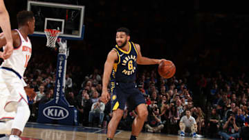 NEW YORK, NY - NOVEMBER 5: Cory Joseph #6 of the Indiana Pacers handles the ball against the New York Knicks on November 5, 2017 at Madison Square Garden in New York City, New York. NOTE TO USER: User expressly acknowledges and agrees that, by downloading and or using this photograph, User is consenting to the terms and conditions of the Getty Images License Agreement. Mandatory Copyright Notice: Copyright 2017 NBAE (Photo by Nathaniel S. Butler/NBAE via Getty Images)