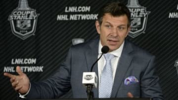 May 17, 2014; Montreal, Quebec, CAN; Montreal Canadiens general manager Marc Bergevin gives a press conference before game one of the Eastern Conference Finals of the 2014 Stanley Cup Playoffs against the New York Rangers at the Bell Centre. Mandatory Credit: Eric Bolte-USA TODAY Sports