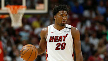 MIAMI, FL - APRIL 11: Justise Winslow #20 of the Miami Heat in action against the Toronto Raptors during the second half at American Airlines Arena on April 11, 2018 in Miami, Florida. NOTE TO USER: User expressly acknowledges and agrees that, by downloading and or using this photograph, User is consenting to the terms and conditions of the Getty Images License Agreement. (Photo by Michael Reaves/Getty Images)