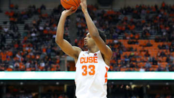 SYRACUSE, NY - FEBRUARY 20: Elijah Hughes #33 of the Syracuse Orange shoots the ball against the Louisville Cardinals during the second half at the Carrier Dome on February 20, 2019 in Syracuse, New York. Syracuse defeated Louisville 69-49. (Photo by Rich Barnes/Getty Images)