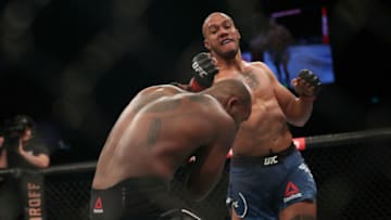 Oct 26, 2019; Singapore, SINGAPORE; Ciryl Ganes (red gloves) fights Don’Tale Mayes (blue gloves) during UFC Fight Night at Singapore Indoor Arena. Mandatory Credit: Paul Miller-USA TODAY Sports