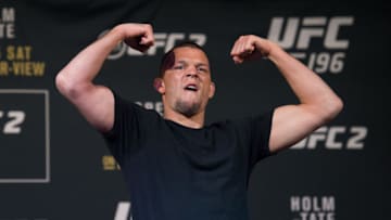 LAS VEGAS, NV - MARCH 3: Nate Diaz prepares to face off with UFC featherweight champion Conor McGregor during the UFC 196 Press Conference at David Copperfield Theater in the MGM Grand Hotel/Casino on March 3, 2016 in Las Vegas, Nevada. (Photo by Brandon Magnus/Zuffa LLC/Zuffa LLC via Getty Images)