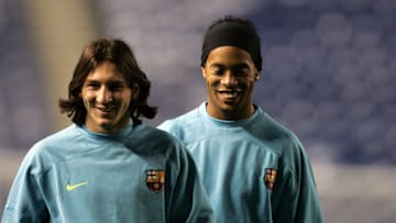 Lionel Messi and Ronaldinho of Barcelona. (Photo by Ian MacNicol/Getty Images)