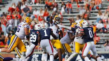 Auburn footballOct 31, 2020; Auburn, Alabama, USA; LSU Tigers quarterback TJ Finley (10) throws a pass against the Auburn Tigers during the second quarter at Jordan-Hare Stadium. Mandatory Credit: John Reed-USA TODAY Sports