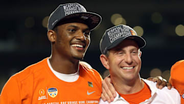 MIAMI GARDENS, FL - DECEMBER 31: Deshaun Watson #4 of the Clemson Tigers and head coach Dabo Swinney celebrate defeating the Oklahoma Sooners with a score of 37 to 17 to win the 2015 Capital One Orange Bowl at Sun Life Stadium on December 31, 2015 in Miami Gardens, Florida. (Photo by Streeter Lecka/Getty Images)