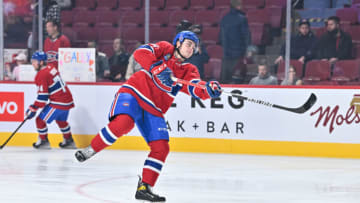 MONTREAL, CANADA - SEPTEMBER 29: Riley Kidney #86 of the Montreal Canadiens skates during the warm-ups prior to the game against the Winnipeg Jets at Centre Bell on September 29, 2022 in Montreal, Quebec, Canada. The Winnipeg Jets defeated the Montreal Canadiens 4-3. (Photo by Minas Panagiotakis/Getty Images)