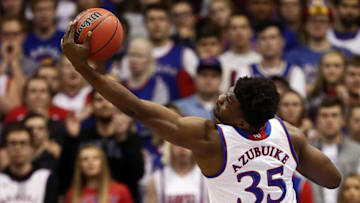LAWRENCE, KANSAS - JANUARY 02: Udoka Azubuike #35 of the Kansas Jayhawks grabs a rebound during the game against the Oklahoma Sooners at Allen Fieldhouse on January 02, 2019 in Lawrence, Kansas. (Photo by Jamie Squire/Getty Images)
