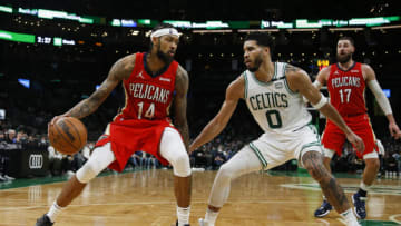 New Orleans Pelicans forward Brandon Ingram (14) goes against Boston Celtics forward Jayson Tatum (0) during the second half at TD Garden. Credit: Winslow Townson-USA TODAY Sports