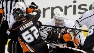 May 3, 2014; Anaheim, CA, USA; Anaheim Ducks left wing Patrick Maroon (62), center Mathieu Perreault (22), right wing Teemu Selanne (8), Los Angeles Kings defenseman Jake Muzzin (6), defenseman Drew Doughty (8), and center Trevor Lewis (22) battle in front of the net in the second period of game one of the second round of the 2014 Stanley Cup Playoffs at Honda Center. Mandatory Credit: Jayne Kamin-Oncea-USA TODAY Sports