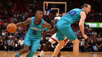 MIAMI, FLORIDA - NOVEMBER 25: Terry Rozier #3 of the Charlotte Hornets drives to the basket against the Miami Heat in the first half at American Airlines Arena on November 25, 2019 in Miami, Florida. NOTE TO USER: User expressly acknowledges and agrees that, by downloading and or using this photograph, User is consenting to the terms and conditions of the Getty Images License Agreement. (Photo by Mark Brown/Getty Images)