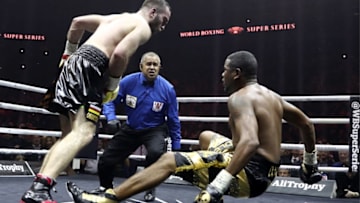 SOCHI, RUSSIA - FEBRUARY 3, 2018: Russian boxer Murat Gassiev and his Cuban rival Yunier Dorticos (L-R front) struggle in their 2017-18 World Boxing Super Series semifinal cruiserweight title bout at the Bolshoy Ice Dome in Sochi. Valery Sharifulin/TASS (Photo by Valery Sharifulin\TASS via Getty Images)