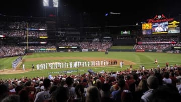 Oct 11, 2013; St. Louis, MO, USA; A general view during player introductions before game one of the National League Championship Series baseball game between the St. Louis Cardinals and the Los Angeles Dodgers at Busch Stadium. Mandatory Credit: Rob Grabowski-USA TODAY Sports