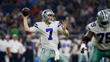 HOUSTON, TX - AUGUST 30: Cooper Rush #7 of the Dallas Cowboys throws a pass in the first half of the preseason game against the Houston Texans at NRG Stadium on August 30, 2018 in Houston, Texas. (Photo by Tim Warner/Getty Images)