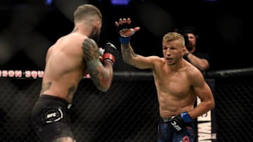 NEW YORK, NY - NOVEMBER 04: (R-L) TJ Dillashaw taunts Cody Garbrandt in their UFC bantamweight championship bout during the UFC 217 event inside Madison Square Garden on November 4, 2017 in New York City. (Photo by Brandon Magnus/Zuffa LLC/Zuffa LLC via Getty Images)