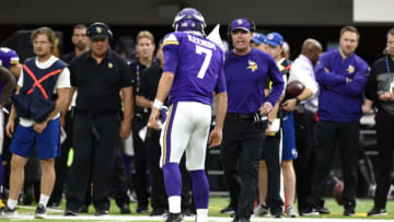 MINNEAPOLIS, MN - OCTOBER 1: Case Keenum #7 of the Minnesota Vikings speaks with offensive coordinator Pat Shurmur in the second quarter of the game against the Detroit Lions on October 1, 2017 at U.S. Bank Stadium in Minneapolis, Minnesota. (Photo by Hannah Foslien/Getty Images)