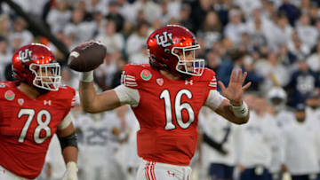 Jan 2, 2023; Pasadena, California, USA; Utah Utes quarterback Bryson Barnes (16) passes against the Penn State Nittany Lions in the third quarter in the 109th Rose Bowl game at the Rose Bowl. Mandatory Credit: Jayne Kamin-Oncea-USA TODAY Sports