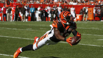 CLEVELAND, OH - OCTOBER 01: George Iloka #43 of the Cincinnati Bengals makes a diving catch in the second half against the Cleveland Browns at FirstEnergy Stadium on October 1, 2017 in Cleveland, Ohio. (Photo by Justin Aller /Getty Images)