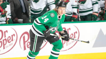 DALLAS, TX - OCTOBER 19: Roope Hintz #24 of the Dallas Stars skates against the Minnesota Wild at the American Airlines Center on October 19, 2018 in Dallas, Texas. (Photo by Glenn James/NHLI via Getty Images)